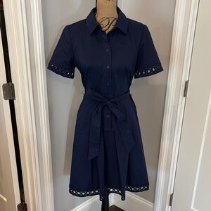 Shoshanna Navy Midi Dress with Tie Waist